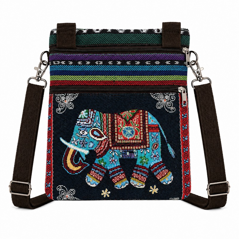 (image for) LL-122 Black Traditional Elephant Print Canvas Shoulder Bag